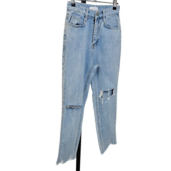 Oak + Fort Womens Distressed Hem Light Wash High Rise Straight Leg Jeans Size 25 - Picture 2 of 8